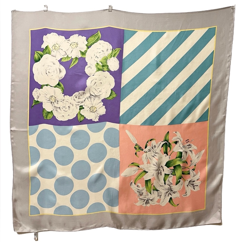 La Chatelaine Vintage Japan 100% Silk Scarf Flower Polka dots Stripes